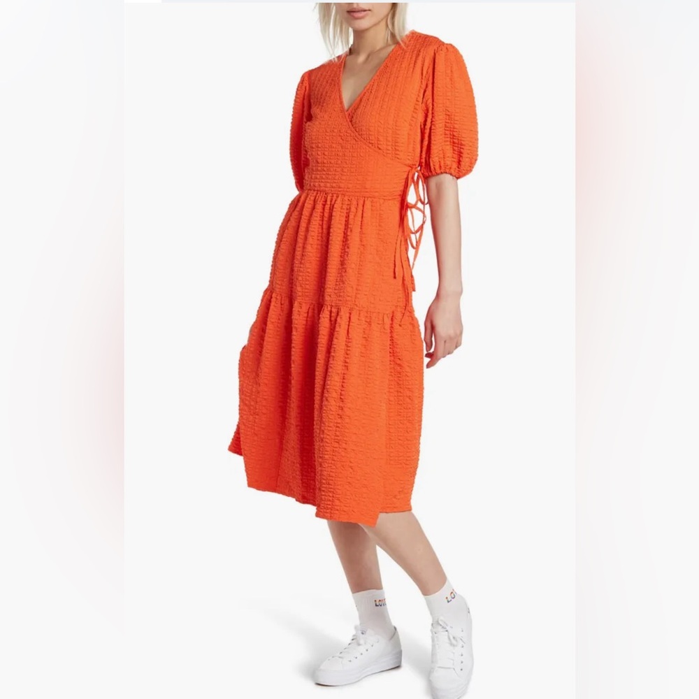NWT Topshop Textured Puff Sleeve Wrap Dress | Size US 12 | SOLD OUT ONLINE
